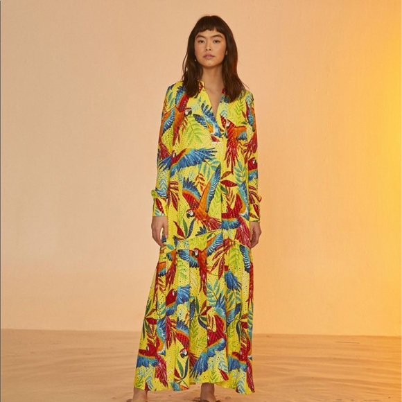 Farm Rio Yellow Macaw Long Sleeve Maxi Dress